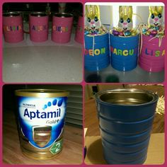 several pictures of plastic cups and cans with bunny ears on them, one is blue and the other has pink