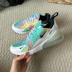 Rainbow Custom One Of A Kind Nike Airmax 270 Shoes By Kylie Boon In The Size 6.5. Nike Airmax 270, Air Max Shoes, Nike Shoes Air Max, Cute Nike Shoes, Cute Sneakers, Sport Shoes Women, Cute Nikes, Shoes Nike, Shoe Game