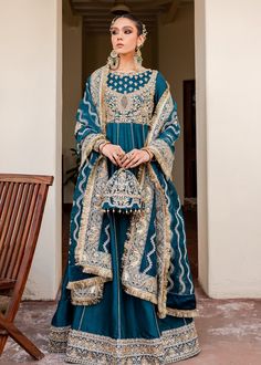 Blue Gold Long Pishwas for Pakistani Wedding Dresses Anarkali Sharara With Dabka Work, Anarkali Sharara With Dabka Work And Traditional Drape, Dola Silk Anarkali Sharara For Eid, Embroidered Dola Silk Sharara For Reception, Blue Palazzo Set With Dupatta For Wedding, Dabka Palazzo Set For Navratri Reception, Embroidered Chinon Sharara For Reception, Anarkali Style Raw Silk Sharara For Eid, Eid Anarkali Style Raw Silk Sharara