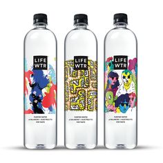 three bottled water bottles with different designs on the front and back sides, one is empty