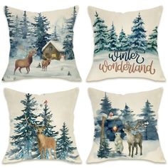 four pillow covers with deer and trees on them, one is saying winter wonderland while the other has reindeers