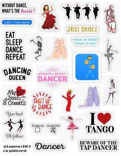 various stickers on the back of a cell phone, including dance and dancer logos