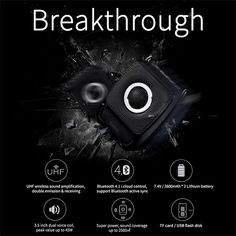 an advertisement with the words breakthrouh on it, and images of speakers