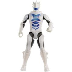 an action figure is shown in white and blue