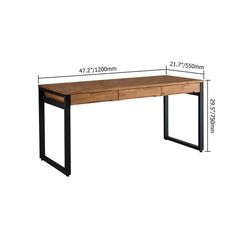 a wooden desk with metal legs and a measurements for the table top, shown in front of a white background