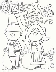 a coloring page with two kids dressed up as pilgrim and give thanks to the thanksgiving season