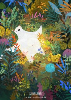 a painting of a polar bear surrounded by plants and flowers