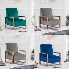 four different colored chairs sitting next to each other