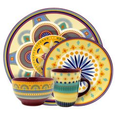 an assortment of colorful dishes and cups on a white background