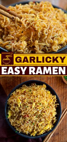 homemade easy ramen recipe with noodles and vegetables in black bowls on a wooden table