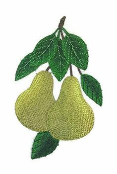 two pears on a branch with leaves embroidered onto the back of each one,