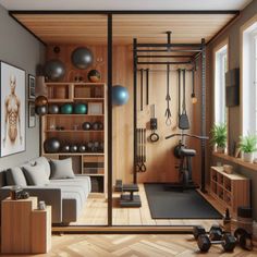 a living room filled with lots of different types of exercise equipment in it's walls