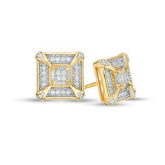 Men's 1/8 CT. T.w. Quad Diamond Vintage-Style Frame Stud Earrings in Sterling Silver with 14K Gold Plate Mens Jewelry Box, Black Hills Gold Jewelry, Clean Gold Jewelry, Stud Earrings For Men, Mens Gold Jewelry, Infinity Jewelry, Rings Fashion, Diamond Earring, Square Earrings Studs