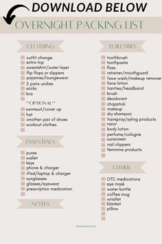 the ultimate guide to your overnight packing list is shown in this graphic style, with instructions for