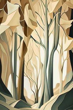 an abstract painting of trees in the woods