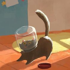 a cat is looking at a fish bowl on the floor