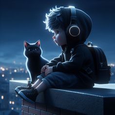 a little boy sitting on top of a brick wall next to a black cat wearing headphones