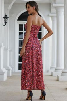 Red Bohemian Bandeau Floral Print Maxi Dress Strapless Red Maxi Dress For Vacation, Bohemian Strapless Evening Dress, Flowy Red Halter Neck Maxi Dress, Fitted Bohemian Red Maxi Dress, Bohemian Red Halter Neck Dresses, Red Strapless Sundress, Strapless Red Maxi Dress For Spring, Red Flowy Printed Maxi Dress, Red Printed Halter Neck Dress