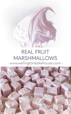 pink marshmallows on a baking sheet with text overlay that reads real fruit marshmallows