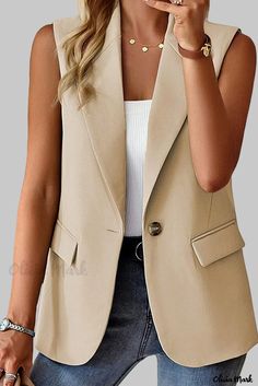 Olivia Mark - Chaleco Blazer con solapa de un botón y bolsillos de estilo clásico Casual Office Wear, Sleeveless Coat, Sleeveless Blazer, Blazer Jackets For Women, Vest Blazer, Single Button Blazer, Cooler Look, Blazer Vest, Casual Blazer