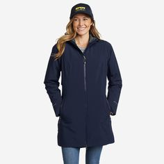 Women's Cloud Cap Stretch Insulated Trench Coat | Eddie Bauer Windproof Outerwear For Travel, Windproof Travel Outerwear, Solid Color Windproof Outerwear For Travel, Waterproof Long Sleeve Outerwear For Travel, Winter Workwear Nylon Raincoat, Functional Fitted Weatherproof Outerwear, Recycled Polyester Outerwear For Rainy Fall, Weatherproof Long Coat For Outdoor, Long Weatherproof Outdoor Coat