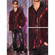 The shiny button down shirts are of sequin design, making you standing out from the crowd. Pair the sparkle sequin shirts with skinny jeans or leather pants and boots for showing your unique style. The sequin shiny shirts are great for fashion shows, stage performance, dancing, parties, wedding, music festivals, celebrations, etc. Sequin Button-up Tops For Night Out, Winter Party Slim Fit Tops, Fall Club Top With Sequins, Sequin Shirt For Fall Night Out, Fall Sequin Shirt For Night Out, Fall Night Out Sequin Shirt, Long Sleeve Sequin Shirt For Fall, Fitted Red Shirt For Party, Red Button-up Party Tops