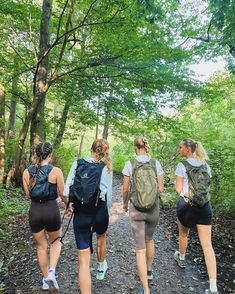 four people walking down a trail in the woods with backpacks on their backs and back