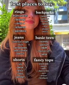 a woman sitting in front of a building with the words best places to buy on her face