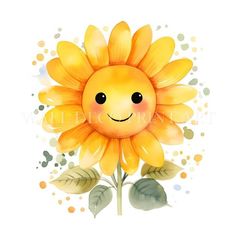 a watercolor painting of a sunflower with a smiley face on it's petals