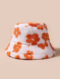 Orange    Polyester  Bucket Hat Embellished   Women Accessories Flower Plush, Fluffy Bucket Hat