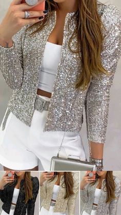 Spring Outwear, Sequin Coats, Glitter Jacket, Shiny Jacket, Fashion Stand, Casual Outerwear, Sequin Jacket, Sequin Shorts, Spring Women