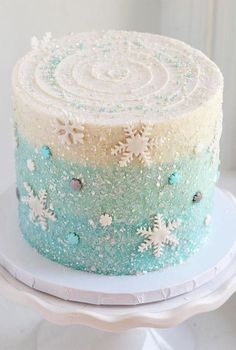 there is a frosted cake with snowflakes on it