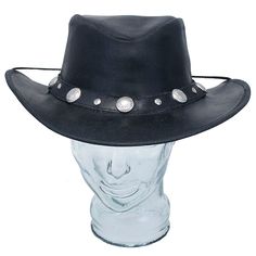 Buffalo nickel hatband on this black leather cowboy hat with leather chinstrap and sweatband liner. This heavy black leather western hat has buffalo nickel conchos on the hatband and is made of rugged split heavy cowhide leather with reinforced rim edge band to keep it's shape, leather tie tassel and concho in back. This classic style cowboy hat is made of 4-5 oz. split cowhide leather. Sizes: M, L XL. [7#] buffalo nickel conchos on this hatband reinforced rim edge to help keep it's shape adjustable chin strap with sliding clasp tie tassel and concho on back sweatband inside rugged finished split leather heavy 4-5 oz. cowhide leather IMPORTANT SPECIFICATIONS: MANUFACTURER: This quality product is a Jamin Leather® brand or other reputable brand that matches or exceeds our quality standards, Western Black Hat Band For Western-themed Events, Black Western Top Hat For Rodeo, Black Western Top Hat For Ranch, Black Western Style Top Hat For Ranch, Western Style Black Top Hat For Western-themed Events, Black Western Top Hat For Outdoor, Adjustable Black Hat Bands For Riding, Black Hat With Adjustable Leather Sweatband, Adjustable Black Hat With Leather Sweatband