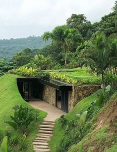 a green hillside with stairs leading up to the top and an open door on one side