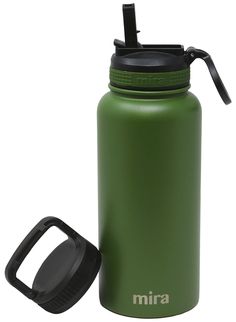 a green water bottle next to a black lid