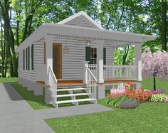 a small white house sitting on top of a lush green field next to flowers and trees