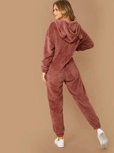 Zip Front Drop Shoulder Ear Hooded Teddy Jumpsuit – Veooy Casual Hooded Onesie For Lounging, Casual Solid Onesie For Fall, Hooded Casual Onesie For Fall, Casual Hooded Onesie For Loungewear, Casual Hooded Onesie For Fall, Casual Hooded Onesie, Casual Long Sleeve Onesie For Lounging, Hooded Onesie For Fall Loungewear, Hooded Jumpsuits And Rompers For Loungewear