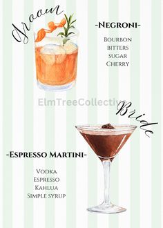 the different types of cocktails are shown in this poster, which includes an orange and brown