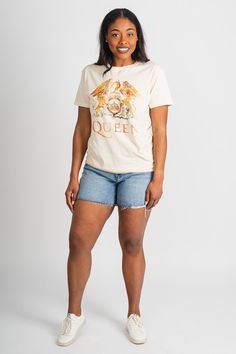 Queen vintage band tee from Lush Fashion Lounge women's boutique in Oklahoma City. Lush boutique in OKC has a variety of cute band tees, graphic tees, and more! This trendy vintage Queen t-shirt is a must have! You are sure to love this iconic graphic tee! Model is 5'10 size 29 wearing size medium. 100% cotton Officially licensed made for American Needle by Queen Summer Band Logo Graphic Tee, Spring Band Logo Graphic Tee, Trendy Band Logo T-shirt For Summer, Grunge Style Vintage Print T-shirt For Summer, Vintage T-shirt With Band Logo For Summer, Vintage Band Logo T-shirt For Summer, Vintage Band Tees, Queen Tshirt, Women's Boutique