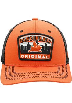 This Cincinnati Orange Adjustable Hat features a front embroidered team logo. Zephyr Rabble Rouser Meshback Hat, Front patch logo, Matching crown and visor, Contrast Meshback, Side Z logo, Cotton/Poly Blend, Wipe clean with cloth or cleaning kit, 4 Orange Adjustable Hat With Embroidered Logo, Orange Adjustable Snapback Hat With Curved Brim, Orange Curved Brim Snapback Hat, Orange Adjustable Snapback Baseball Cap, Orange Adjustable 5-panel Snapback Hat, Z Logo, Orange Orange, Cleaning Kit, Adjustable Hat