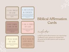 the biblical affirmation cards are shown in four different colors and font, including one for