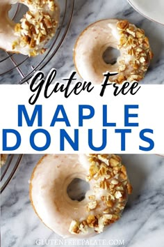 two glazed donuts with walnuts on top and the words gluten free maple donuts above them