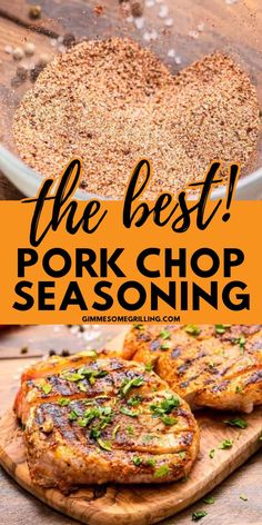 the best pork chop seasoning recipe on a wooden cutting board with text overlay