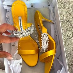 Quality: Authentic Condition: New But Tried On (Display Shoe) Showing Wear On Soles Beautiful Shoe, Runs Small. Best For Narrow Foot Us 8/8.5 Make An Offer Yellow Open Heel Sandals For Party, Luxury Yellow Heels For Summer, Luxury Yellow Summer Heels, Yellow Sandals With Heel Strap For Party, Elegant Yellow Heels For Summer, Elegant Yellow Summer Heels, Yellow Open Heel Formal Sandals, Elegant Yellow Sandals For Summer, Yellow Formal Open Heel Sandals