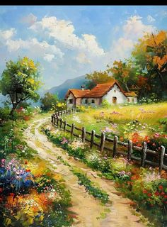 a painting of a country road leading to a house with flowers on the side and trees in the background