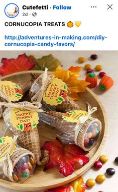 an image of candy cones on a plate with fall leaves and candies in the background