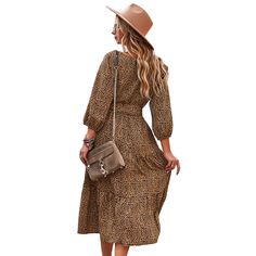 Brown Leopard Print V Neck Long Sleeve Dress Brown Winter Dresses For Day Out, Brown Midi Dress For Fall Day Out, Casual Beige Maxi Dress For Fall, Non-stretch Knee-length Maxi Dress For Fall, Brown Midi Dress For Spring, Beige Non-stretch Dress For Fall, Non-stretch Maxi Dress For Fall Vacation, Fall Vacation Maxi Dress Non-stretch, Beige Non-stretch Midi Dress For Fall