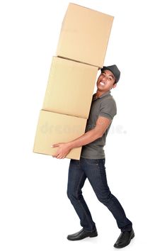 a man carrying two boxes on his back and smiling at the camera royalty images, stock photos