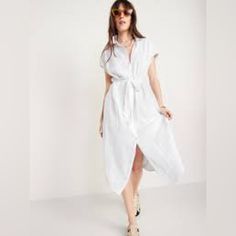 Old Navy Short-Sleeve Waist-Defined Midi Shirt Dress For Women White V-neck Shirt Dress With Relaxed Fit, Casual White Midi Length Shirt Dress, Casual White V-neck Shirt Dress, White V-neck Relaxed Fit Shirt Dress, White Relaxed Fit V-neck Shirt Dress, White Relaxed Fit Shirt Dress With V-neck, White Short Sleeve Shirt Dress With Relaxed Fit, White Relaxed Fit Short Sleeve Shirt Dress, White Knee-length Relaxed Fit Shirt Dress