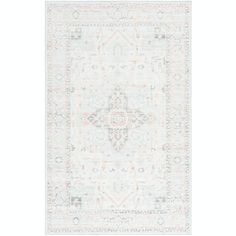 a white rug with an ornate design on the front and back side, in pastel tones